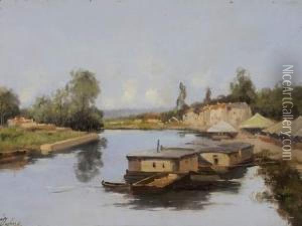 Bateaux-lavoirs Sur La Riviere Oil Painting - Louis Dupuy