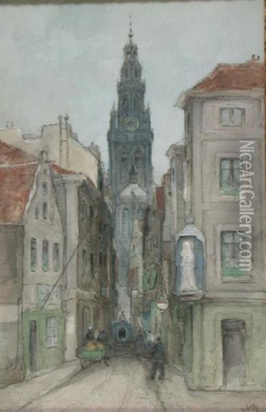 Street Scene, Antwerp Oil Painting - J. Little