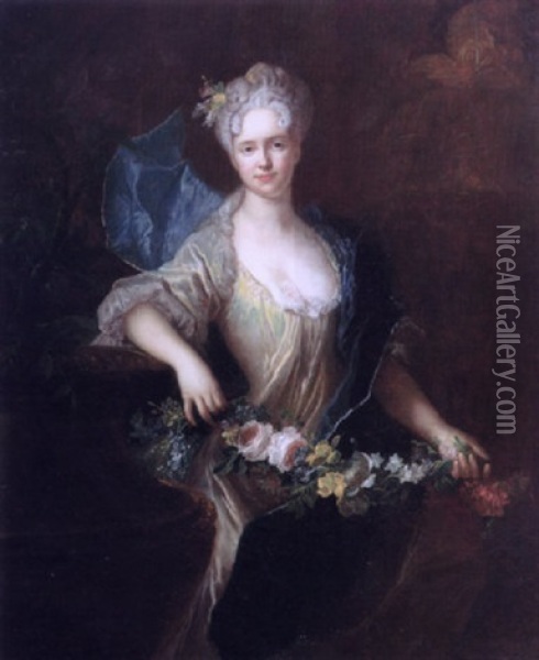 Portrait Of A Young Lady Wearing A Green Silk Dress And Blue Stole, Holding A Garland Of Flowers Beside A Fountain Oil Painting - Antoine Pesne