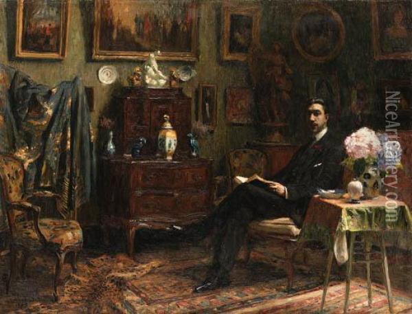 A Gentleman Reading In An Interior Oil Painting - Gabriel Deluc