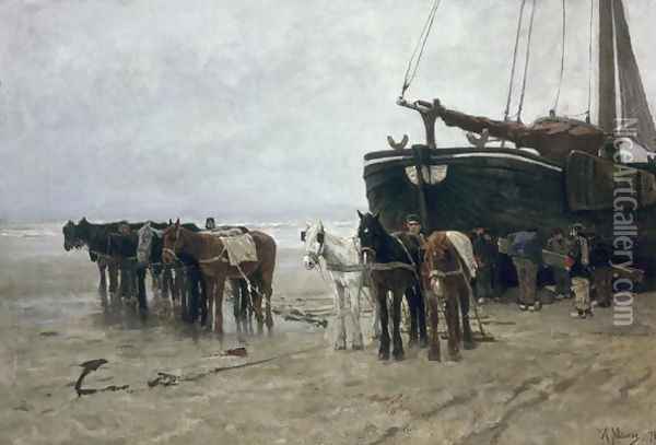 Boat on the Beach at Scheveningen, 1876 Oil Painting - Anton Mauve
