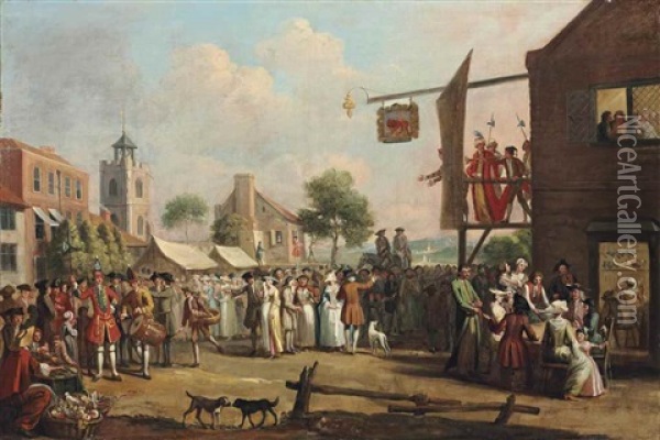 Laguerre_john A Fair, With A Crowd Gathered In A Square By The Red Lion Inn, With Actors On A Balcony, And A Recruiting Officer And Drummer Beside A Stall Oil Painting - John (Jack) Laguerre