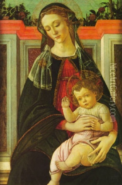Madonna And Child Seated In A Marble Niche With Roses       Growing Behind Oil Painting - Sandro Botticelli