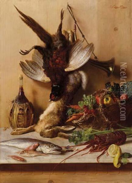 Natura Morta Con Pesci, Fiaschetta Ecacciagione Oil Painting - Oreste Costa