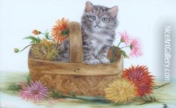 A Kitten In A Basket Of Flowers Oil Painting - Bessie, Betsie Bamber