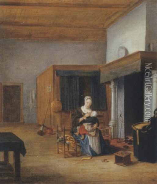An Interior With A Woman Seated By The Fire Holding A Child Upon Her Lap Oil Painting - Franciscus Carre