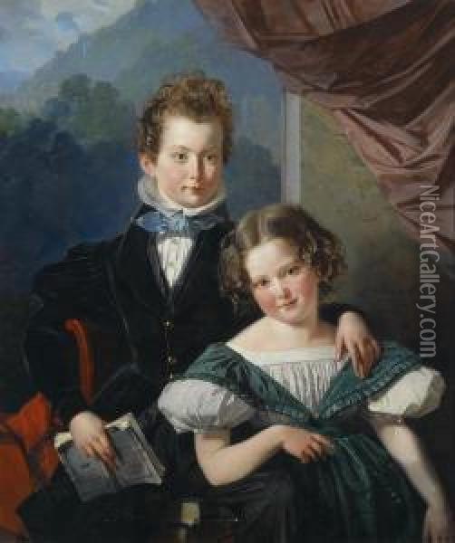 Portrait Of Two Children Of The De Thier Family Oil Painting - Josef Bartholomeus Vieillevoye
