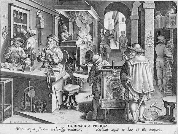 The Invention of Iron Mechanical Clocks, plate 6 from Nova Reperta New Discoveries engraved by Philip Galle 1537-1612 c.1600 Oil Painting - Giovanni Stradano