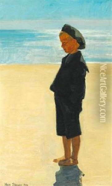 A Young Boy Otto Svendsen On The Beach, Skagen Oil Painting - Einar Hein