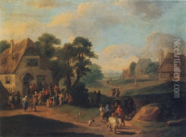 A Village Scene With Peasants Dancing Before An Inn, Waggoners On A Path In The Foreground Oil Painting - Mathys Schoevaerdts