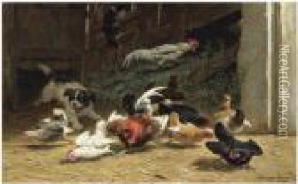 A Puppy Chasing Chickens And A Cat In The Farm Yard Oil Painting - Henriette Ronner-Knip