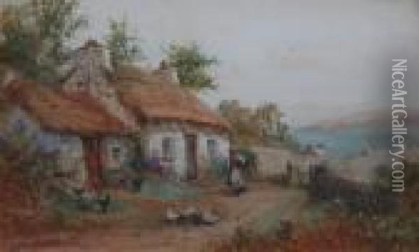 Figures Outside Thatched Cottages Oil Painting - Joseph Hughes Clayton