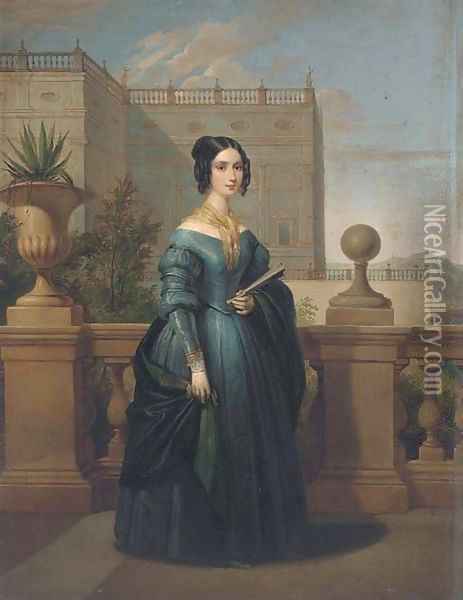 Portrait of a lady, small full-length, in a blue dress with a green wrap and a yellow scarf Oil Painting - English School