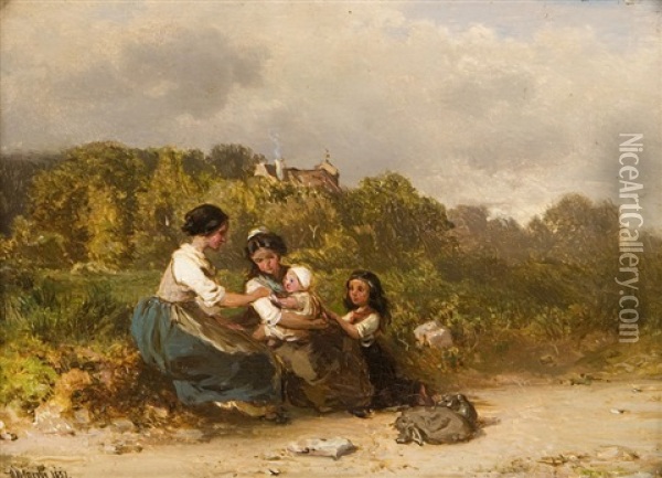 Young Women Gathered Attending To A Child Oil Painting - Otto Reinhold Jacobi