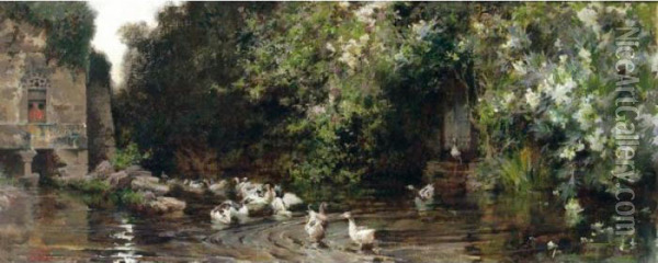 Patos En Un Estanque (ducks On A Pond) Oil Painting - Francisco Pradilla y Ortiz