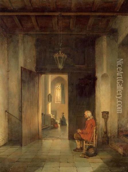Vorraum Einer Kirche Mit Mann Auf Einem Stuhl Sitzend. Oil Painting - Antoine Balthasar Stroebel Johannes