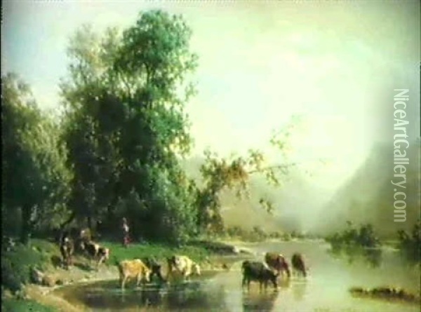 Kuhe Am Bergsee Oil Painting - Karl Girardet