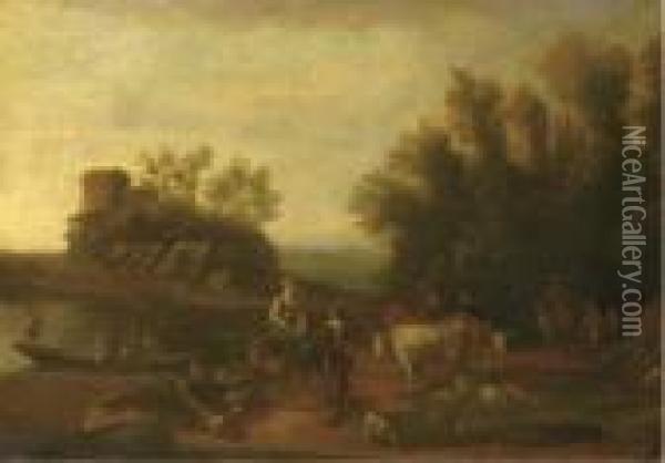 An Italianate Landscape With Travellers And Their Flocks On Apath Oil Painting - Nicolaes Berchem