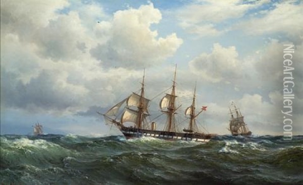 The Danish Auxiliary Steam Frigate Sjaaland Cruising Under Shortened Sail, Before A Strong Breeze And Following Seas Oil Painting - Vilhelm Melbye