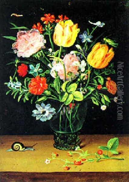 Ein Blumenstraus In Einer Vase, Erdbeeren, Einer Heuschrecke Und Einer Schnecke Oil Painting - Andries Daniels
