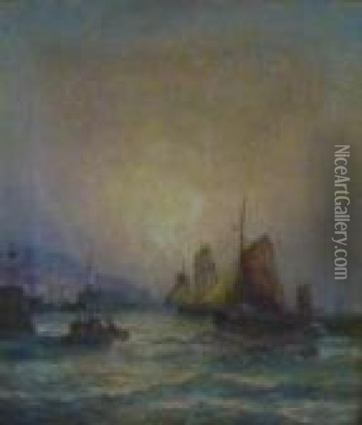 Fishing Boats Entering Scarborough Harbour Oil Painting - William A. Thornley Or Thornber