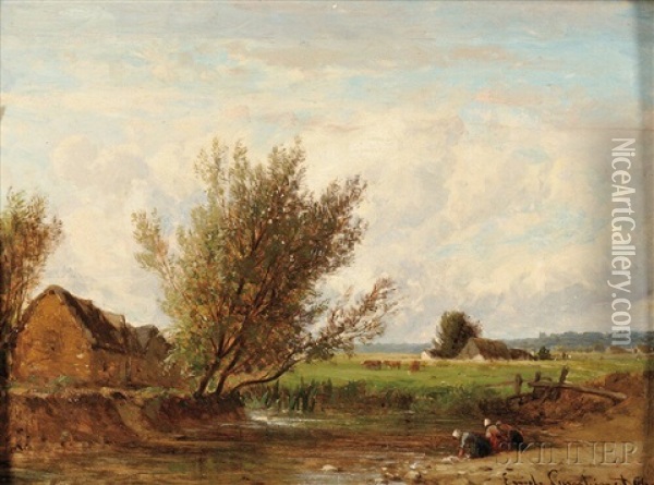 Washerwomen At A Country Stream Oil Painting - Emile Charles Lambinet