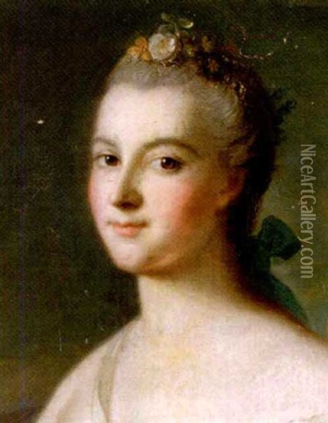 Portrait Of A Lady With Flowers And A Blue Ribbon In Her Hair Oil Painting - Jean Marc Nattier