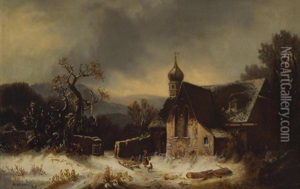 Winterliche Landschaft Mit Kapelle Oil Painting - Adolf Kirstein