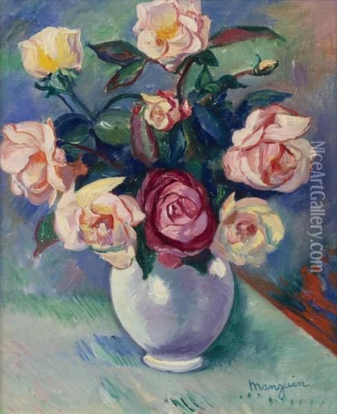 Bouquet De Roses Dans Un Vase Blanc Oil Painting - Henri Charles Manguin