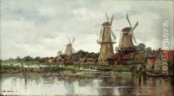 Moulins Pres De Dordrecht Oil Painting - Emile Louis Vernier