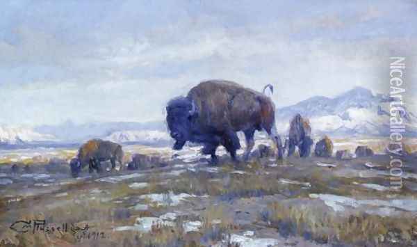 Buffalo Herd Oil Painting - Charles Marion Russell