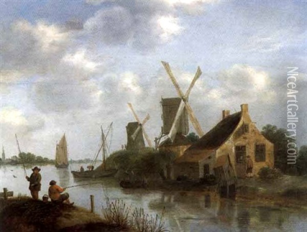 Bord De Riviere Avec Pecheurs Et Moulins Oil Painting - Nicolaes Molenaer