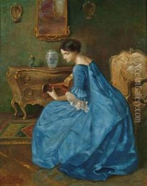 Girl In Blue With Guitar Oil Painting - Viktor Schramm