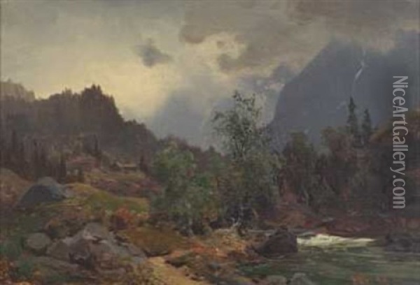 Skogsparti Med Elvestryk Oil Painting - Hans Frederick Gude