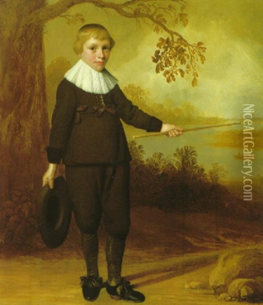 Portrait Of A Seven Year Old Boy In A River Landscape Oil Painting - Jan Daemen Cool