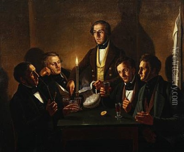 Five Men Having A Drink Oil Painting - Hans Wonrath Holm