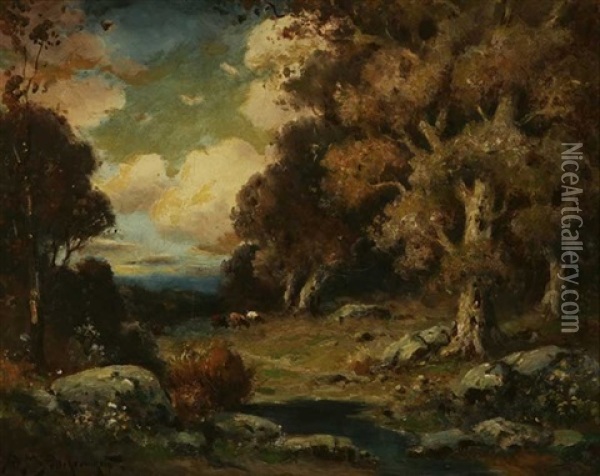 Landscape, Cows Watering Oil Painting - Alexis Matthew Podchernikoff