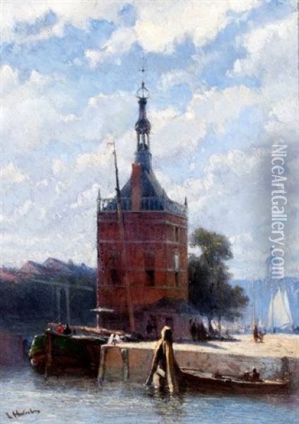 Figuren Op De Kade Bij De Accijnstoren Te Alkmaar Oil Painting - Lambertus Hardenberg