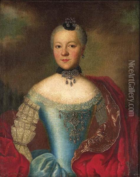 Portrait Of A Noblewoman, Half-length, In A Lace-trimmed Bluedress Oil Painting - Johann Georg Ziesenis