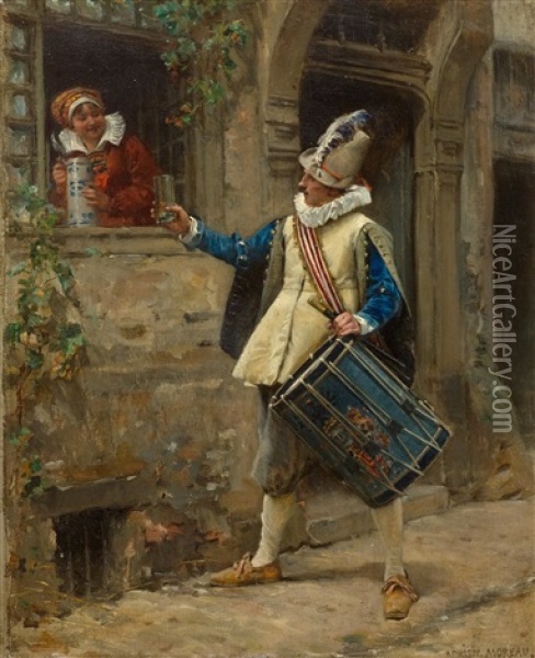 A Drummer Receives A Glass Of Water From A Lady At A Window Oil Painting - Adrien Moreau
