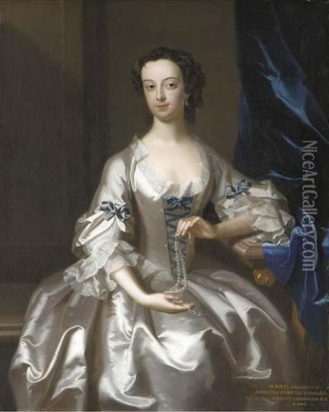 Portrait Of Mary Rand, 
Half-length, Seated, In An Oyster-satindress With Blue Ribbons, Holding A
 String Of Pearls, In An Interiorby A Blue Velvet Curtain Oil Painting - Enoch Seeman