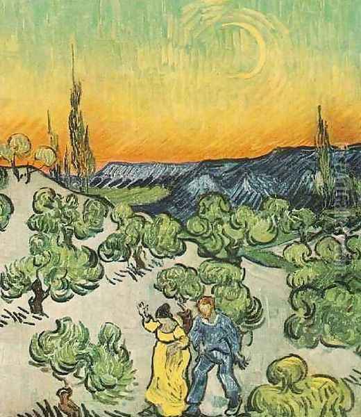 Landscape With Couple Walking And Crescent Moon Oil Painting - Vincent Van Gogh