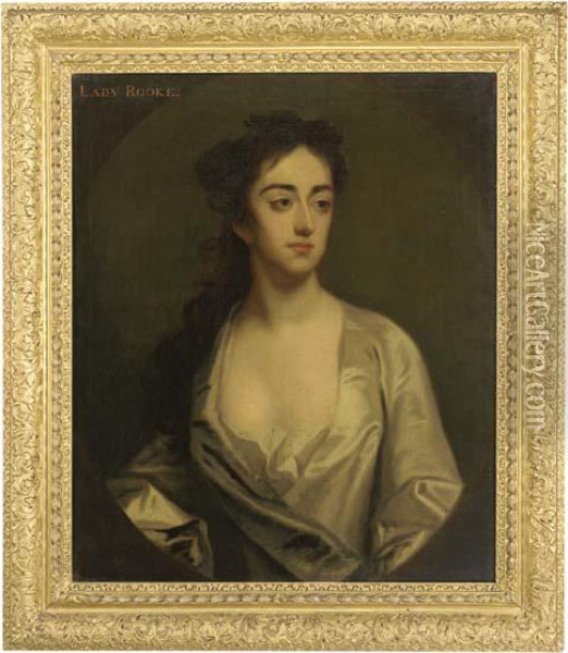 Portrait Of Lady Rooke, Bust-length, In A White Dress, In A Paintedoval Oil Painting - Sir Godfrey Kneller