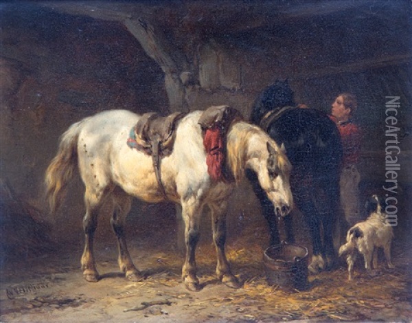 Tending To The Horses In The Stable Oil Painting - Wouter Verschuur the Elder