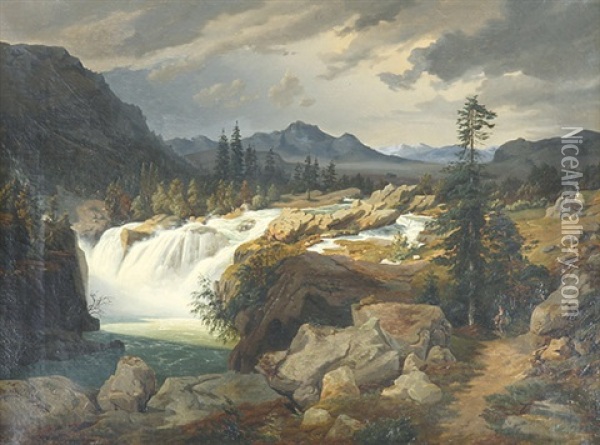 Gebirgslandschaft Mit Tosendem Wasserfall Oil Painting - Johann Wilhelm Schirmer