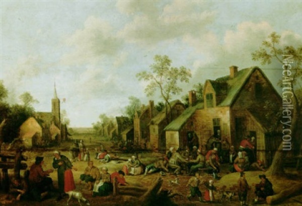 A Village Street Scene With Figures Making Merry Near An Inn Oil Painting - Joost Cornelisz. Droochsloot