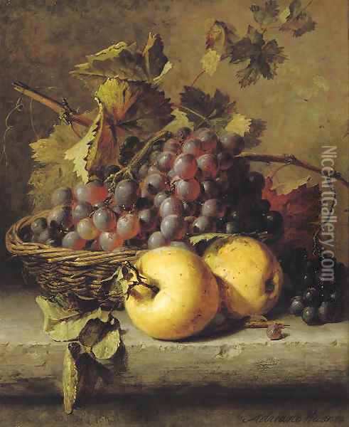 Apples and grapes on a ledge Oil Painting - Adriana-Johanna Haanen