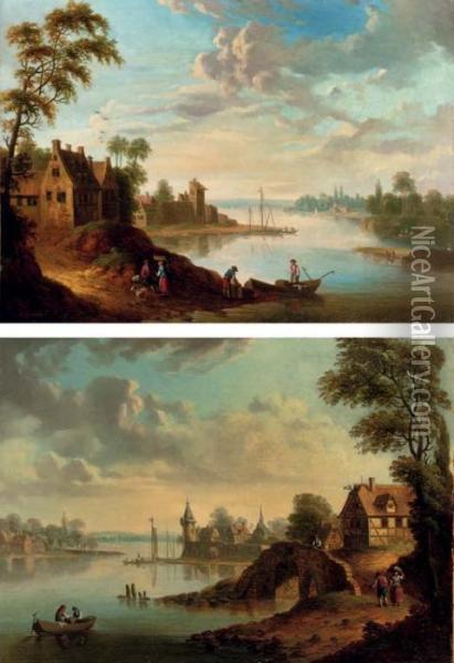 A River Landscape With A 
Village, Peasants At Work And Figures Conversing; And A River Landscape 
With A Walled Town, Figures In A Boat And Travellers On A Track Oil Painting - Christian Georg Ii Schuz