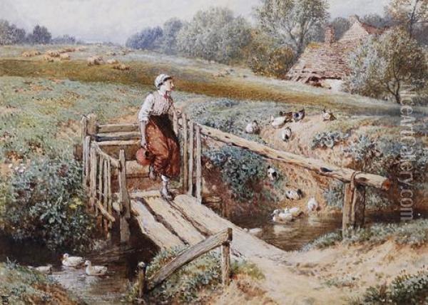Fetching Water Oil Painting - Myles Birket Foster