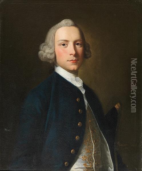 Portrait Of A Gentleman, Bust Length, Wearinga Blue Coat Oil Painting - Thomas Hudson